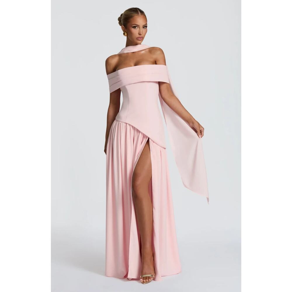 Babyboo Deliah Blush Pink Maxi Dress Small Side Slit Bardot Neckline Chiffon
